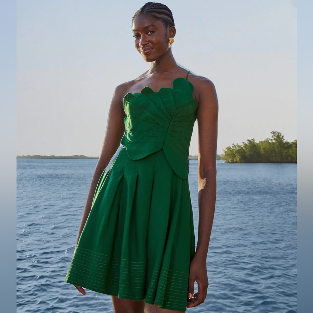Farm Rio One-Shoulder Lea Mini Dress Green Linen Blend Size Medium - Picture 2 of 16